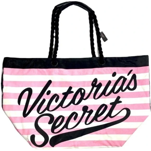Victoria’s Secret Tote Travel Bag Overnight Weekender Stripes Pink White Black - Picture 1 of 14